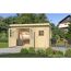 Gartenhaus mit geöffneten Türen, im Inneren ein Zeichentisch