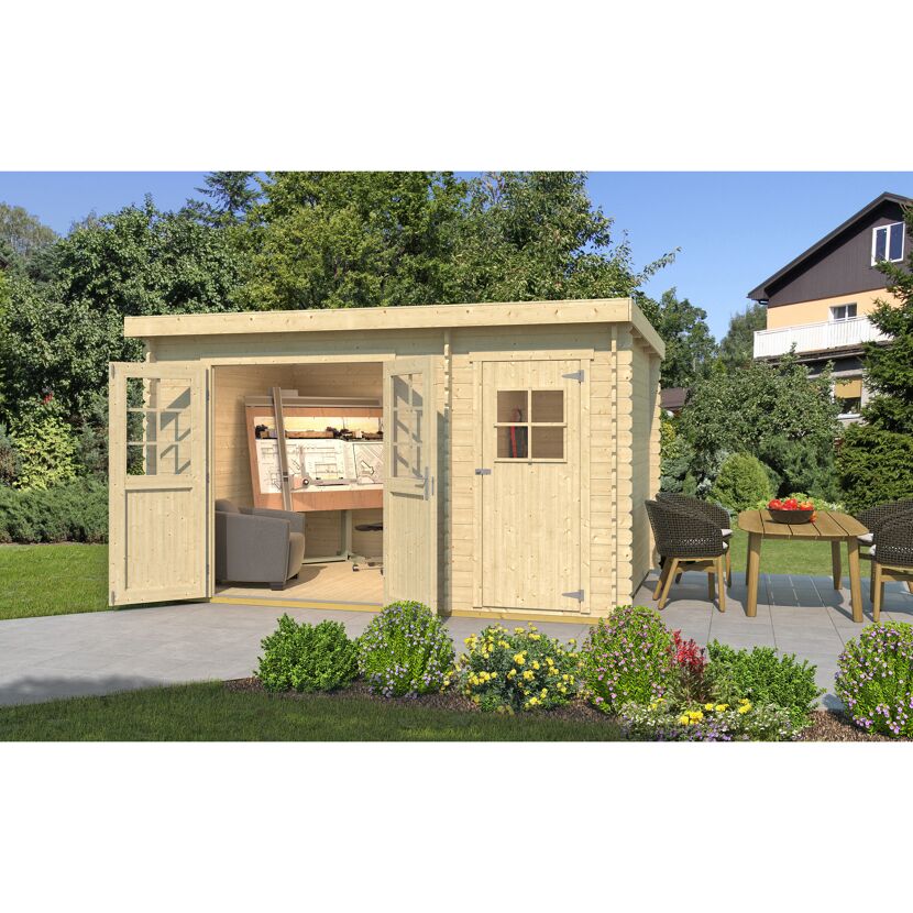 Gartenhaus mit geöffneten Türen, im Inneren ein Zeichentisch