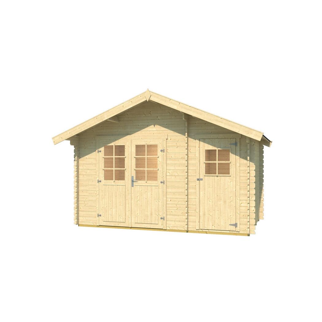 Gartenhaus aus Holz mit Doppeltür und Seitentür.