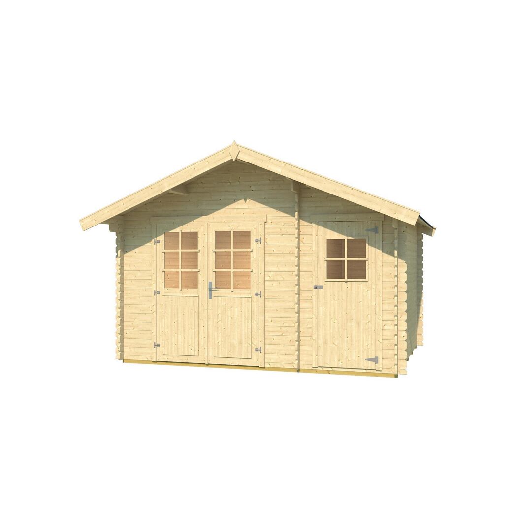 Gartenhaus aus Holz mit zwei Fenstern und Türen.