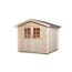 Gartenhaus aus hellem Holz mit grauen Dach