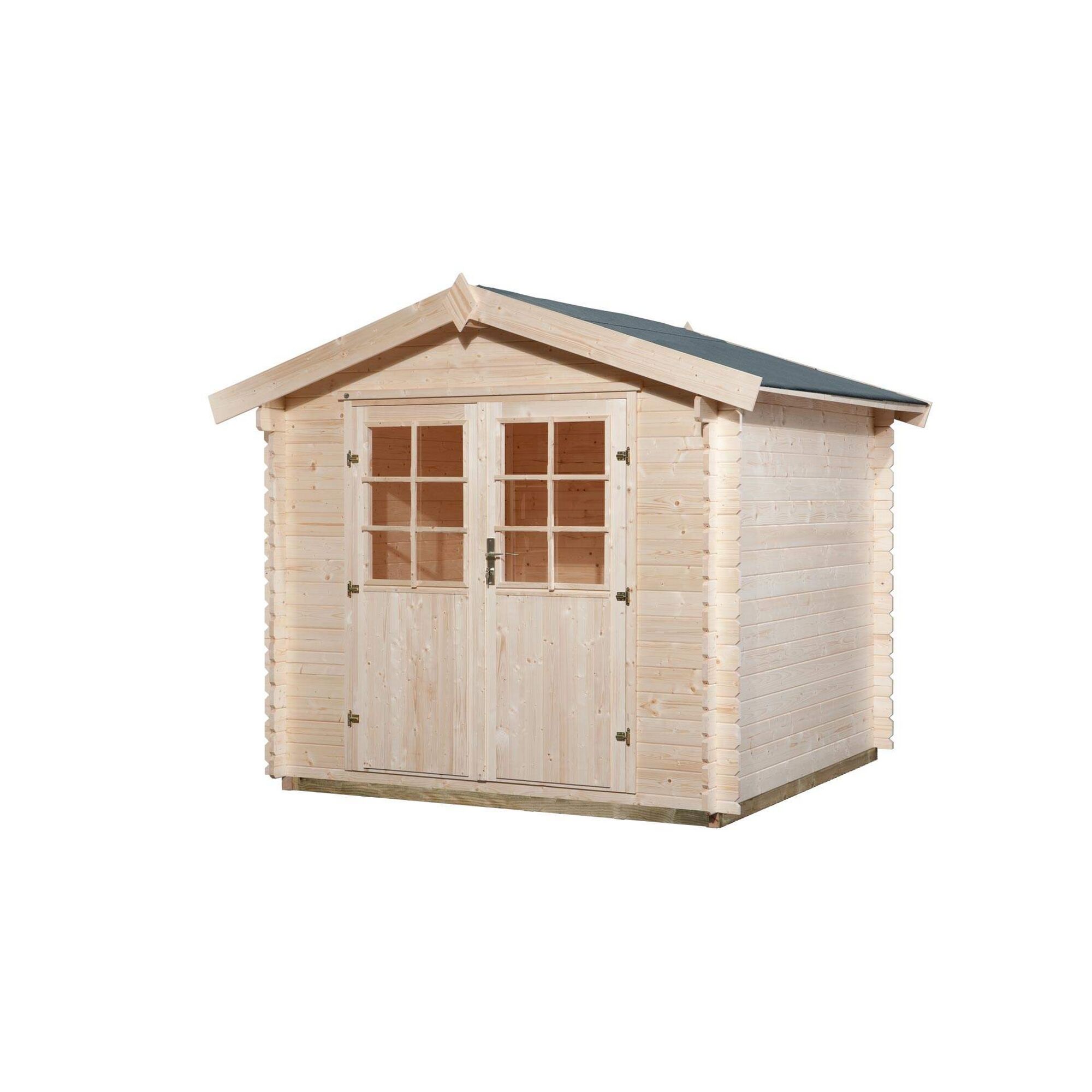 Gartenhaus aus hellem Holz mit grauen Dach
