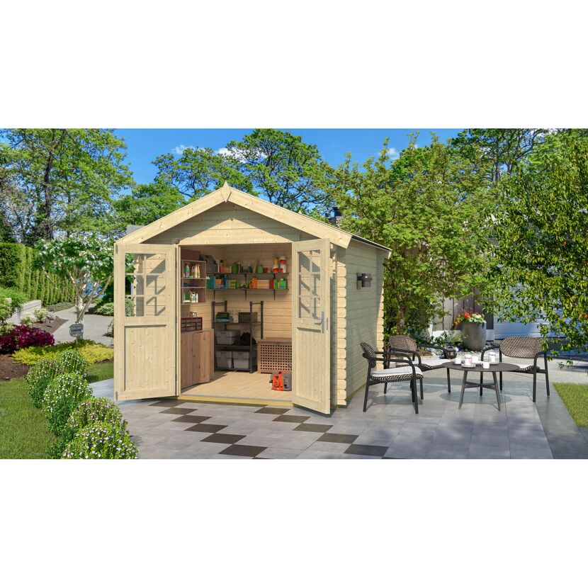 Gartenhaus mit geöffneten Türen, Werkbank und Regalen im Inneren.