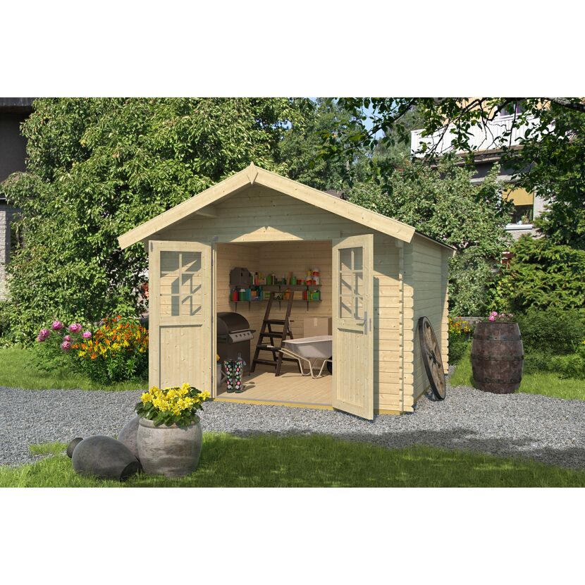 Gerätehaus aus Holz mit Gartengeräten