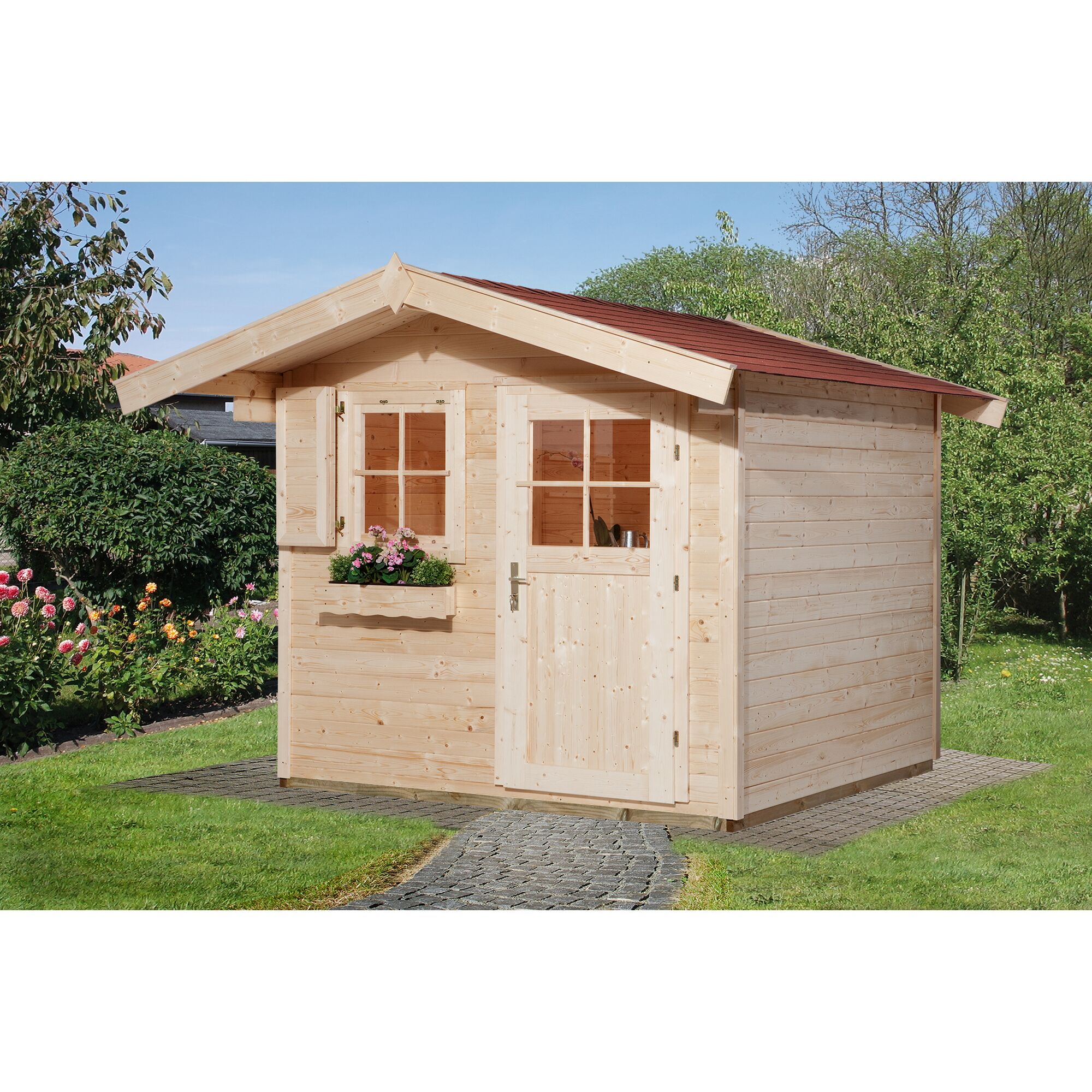 Kleines Gartenhaus aus Holz mit rotem Dach