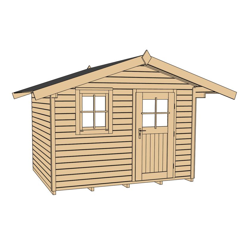 Kleines Gartenhaus aus Holz mit Fenster und Tür.