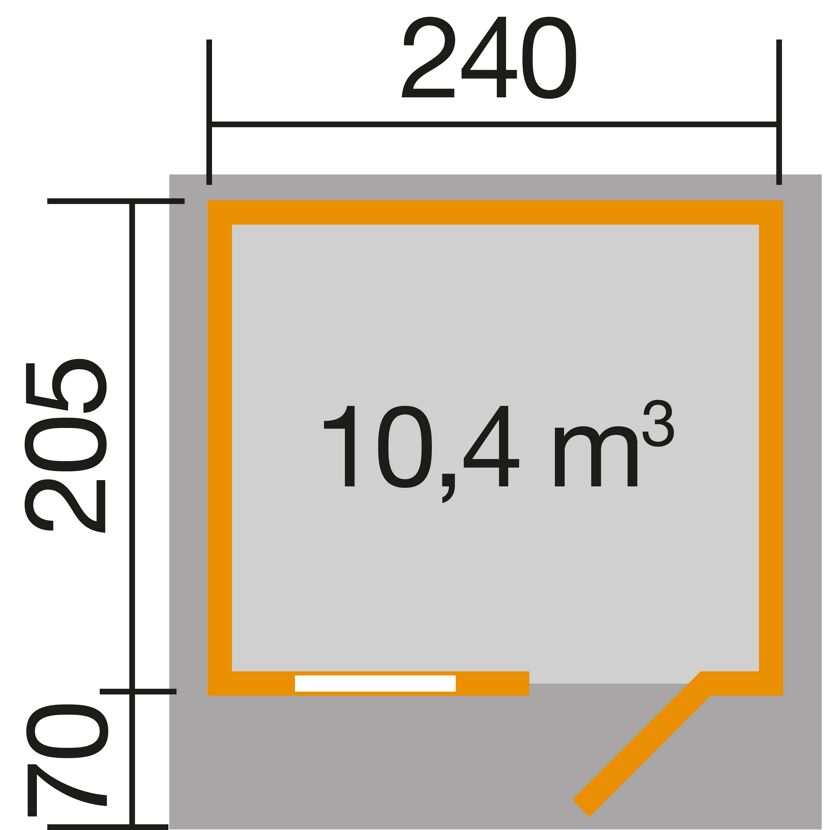 Gartenhaus-Maße: 240 x 205 x 70 cm, 10,4 m³