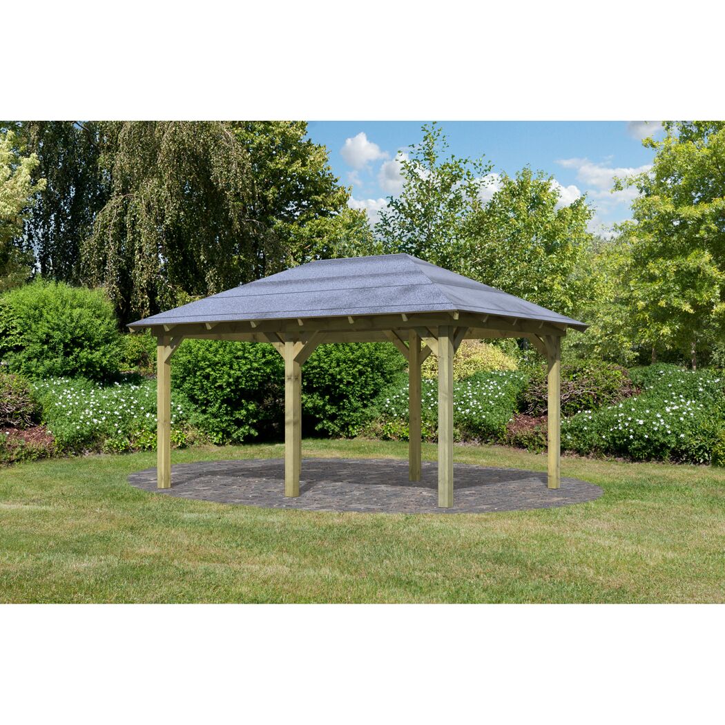 Pavillon aus Holz mit grauem Dach