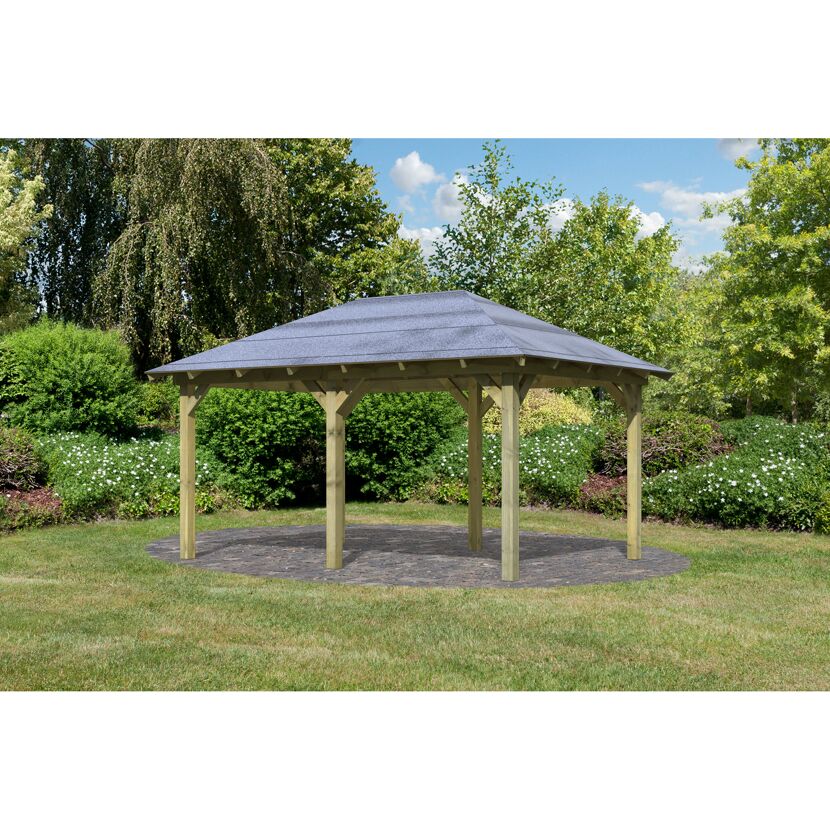Pavillon aus Holz mit grauem Dach