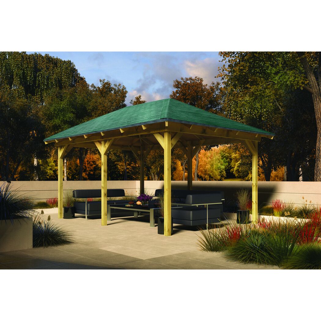 Pavillon mit grün gedecktem Dach und Gartenmöbeln