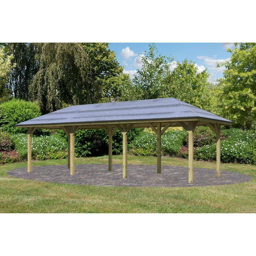 Holzpavillon mit grauem Dach