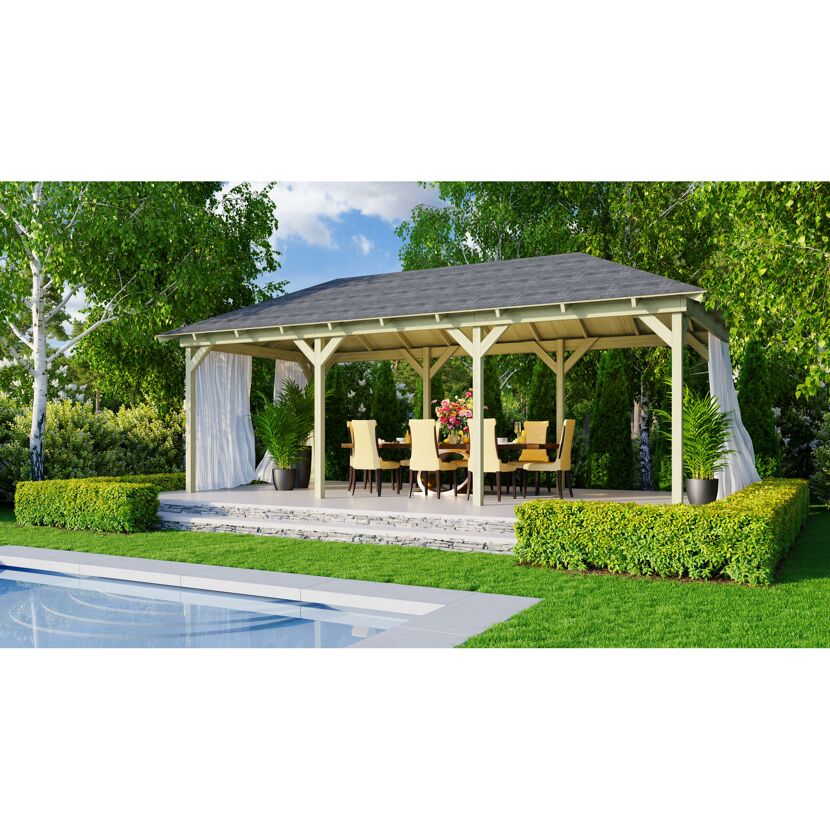 Pavillon mit Esstisch neben einem Pool