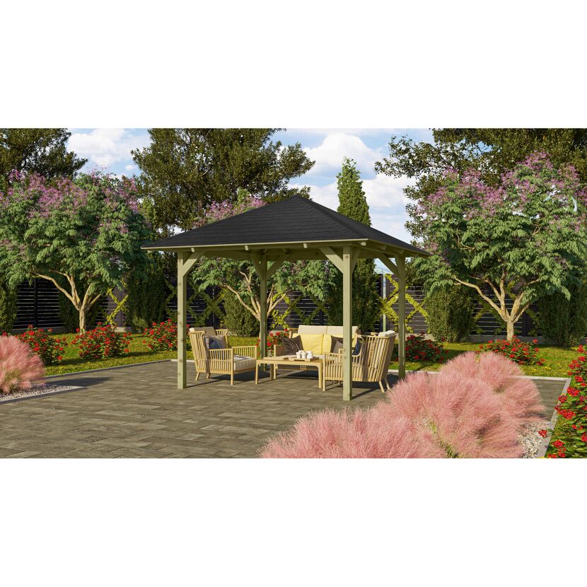 Pavillon Sevilla mit Gartenmöbeln und Dekoration