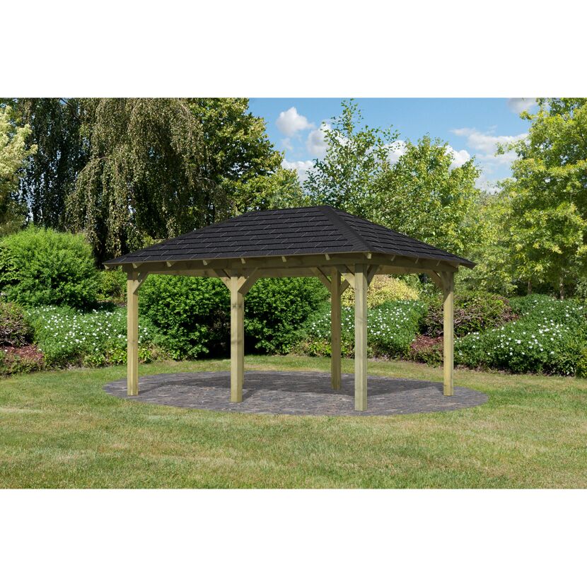 Holzpavillon mit schwarzem Dach