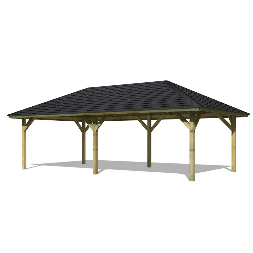 Holzpavillon mit schwarzem Dach