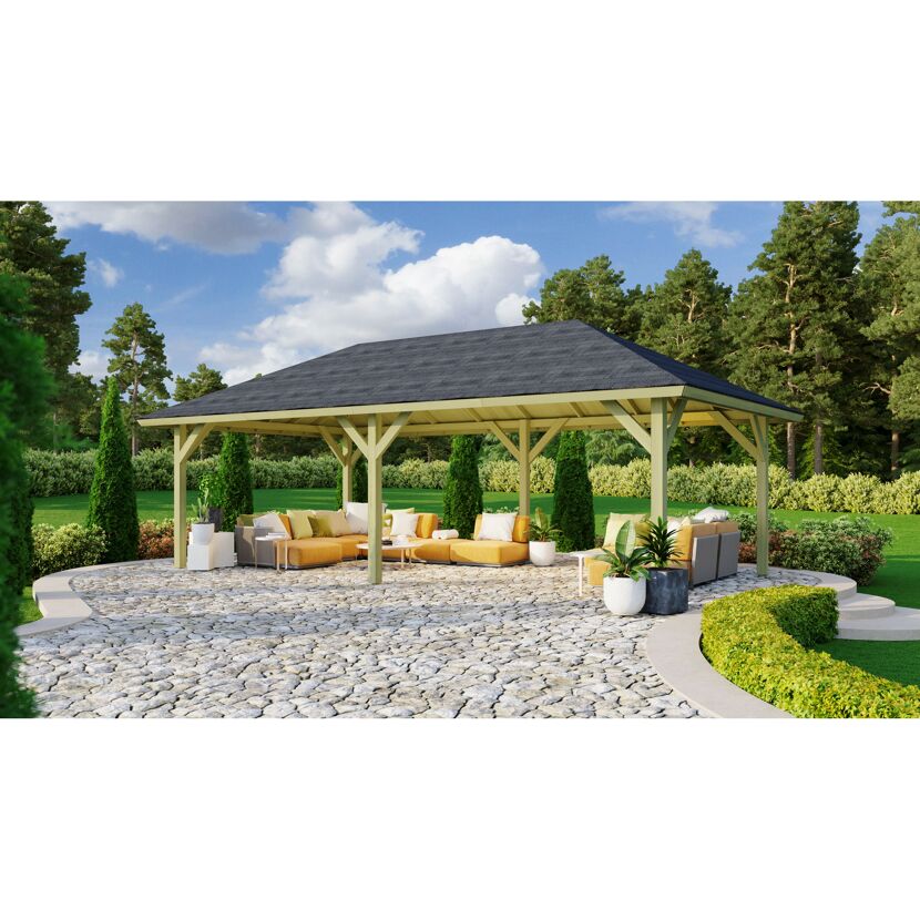 Pavillon mit Gartenmöbeln auf gepflasterter Fläche