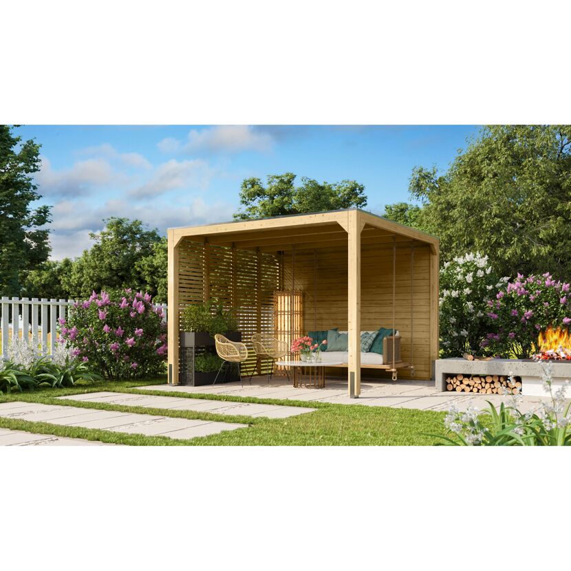Holzpavillon mit Sitzschaukel und Möbeln