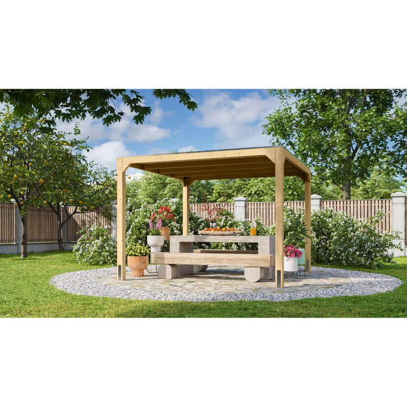 Pavillon Cubus mit Sitzbank und Tisch im Garten
