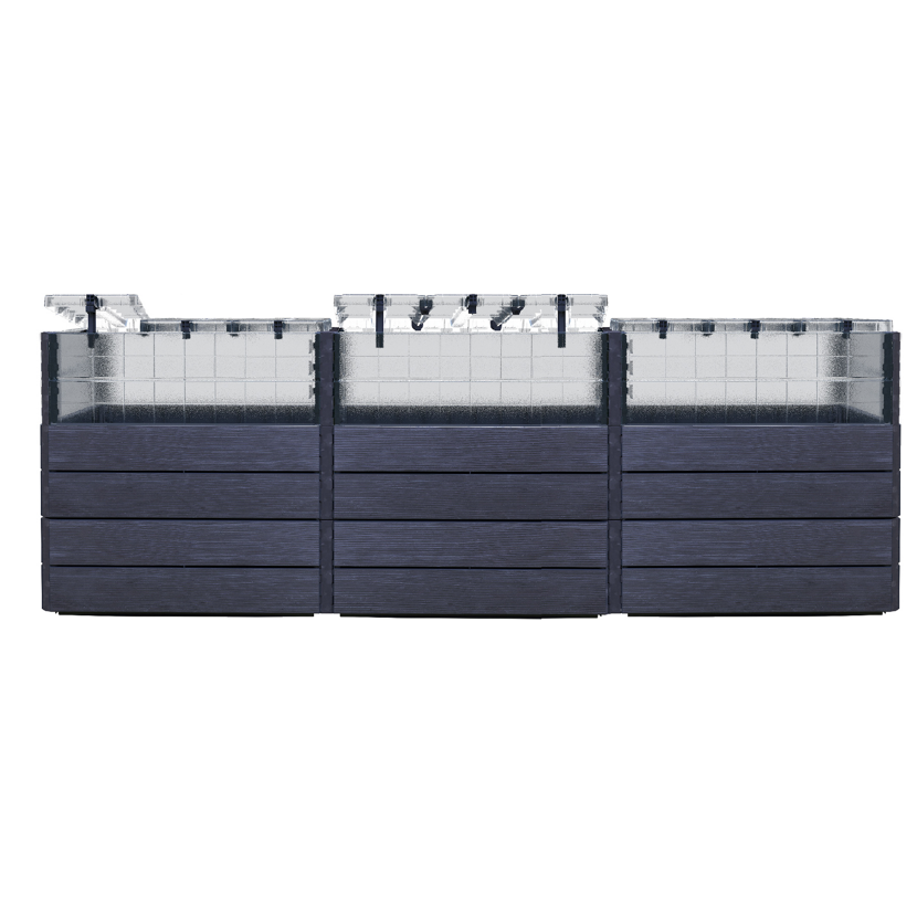Drei graue Hochbeete nebeneinander mit Plexiglas-Abdeckung