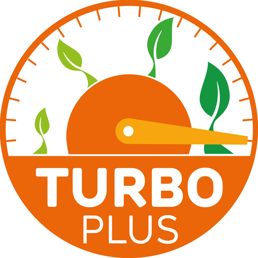 Turbo Plus Logo mit Blättern und Tachonadel
