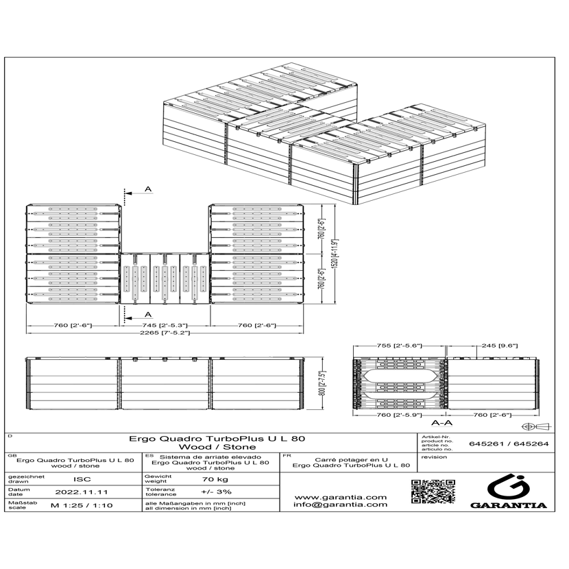 Technische Zeichnung des Hochbeets Ergo Quadro TurboPlus UL 80