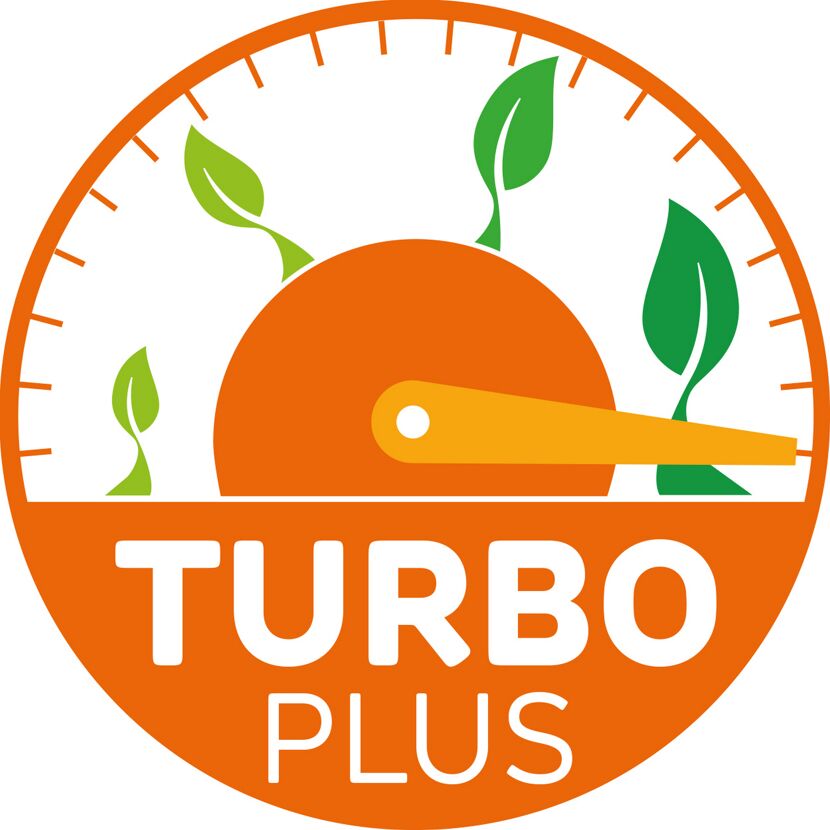 Turbo Plus Logo mit Drehzahlmesser und Blättern