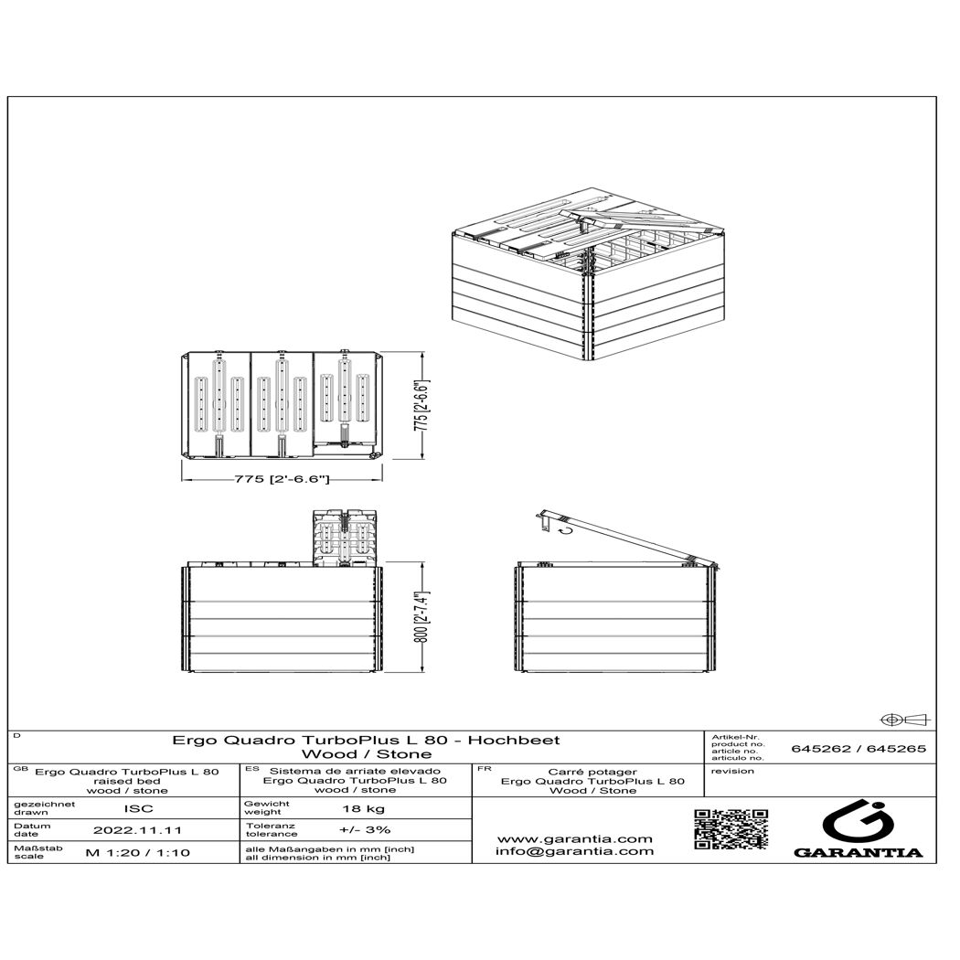 Zeichnung des Garantia Hochbeets Ergo Quadro TurboPlus L 80