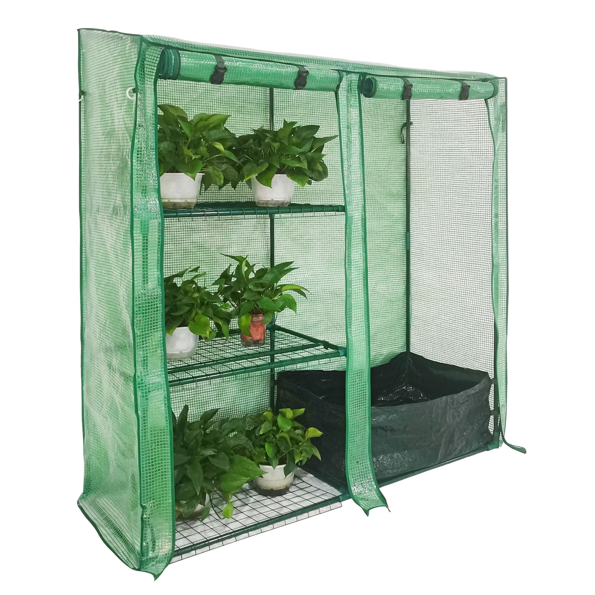 Grünes Folien Gewächshaus mit drei Ablagen und Topfpflanzen.