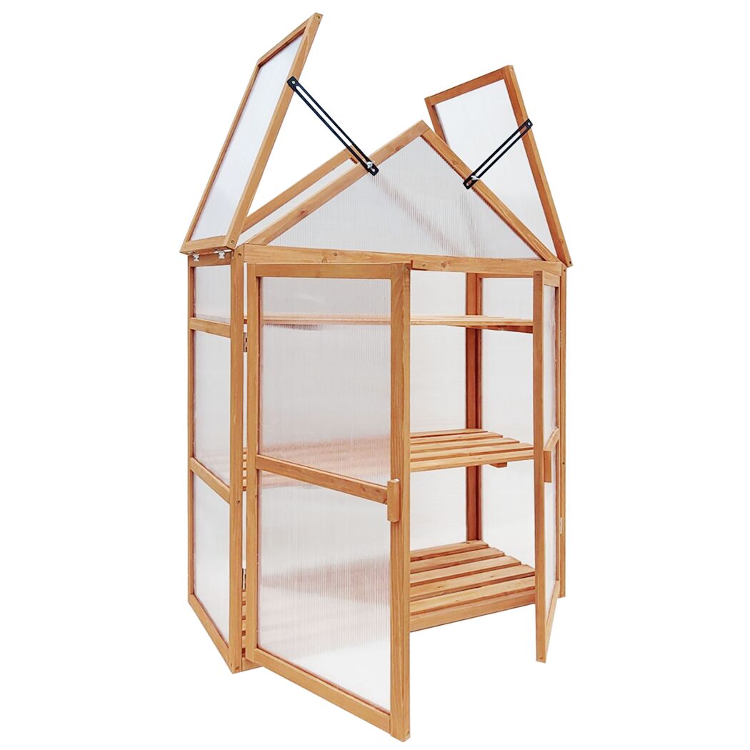 Kleines Gewächshaus aus Holz und durchsichtigem Kunststoff