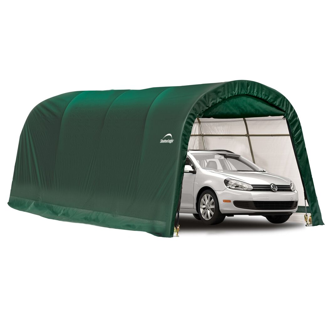 Grünes ShelterLogic Garage-in-a-Box mit Auto