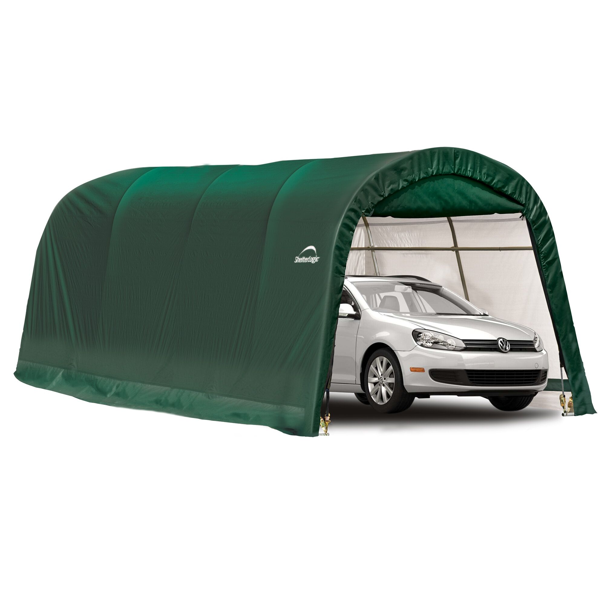 Grünes ShelterLogic Garage-in-a-Box mit Auto