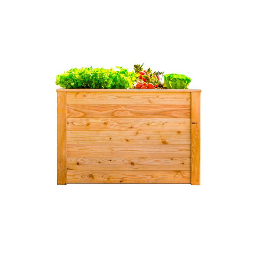 Hochbeet aus Holz mit Tomaten, Salat und Kräutern