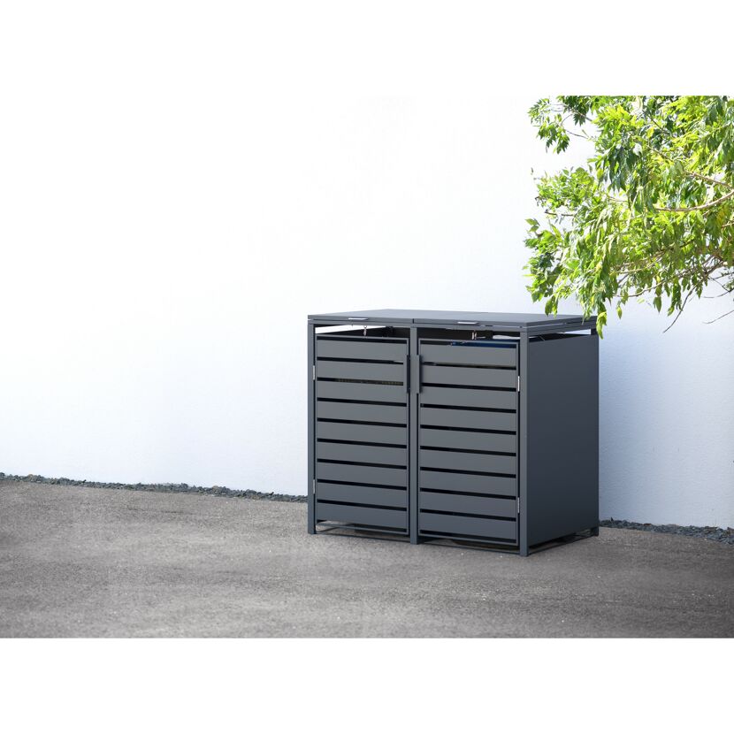 Anthrazitfarbene Mülltonnenbox für zwei Tonnen.