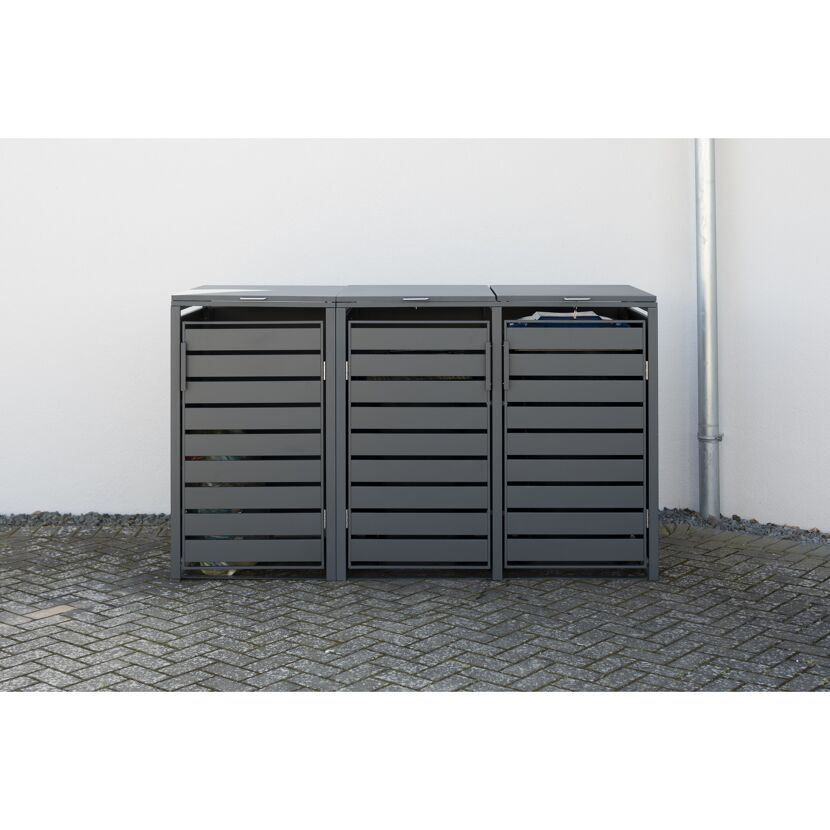Anthrazitfarbene Mülltonnenbox mit drei Fächern.