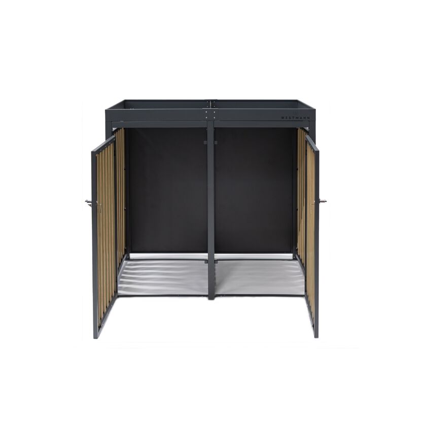 Geöffnete Mülltonnenbox aus Holz und Metall