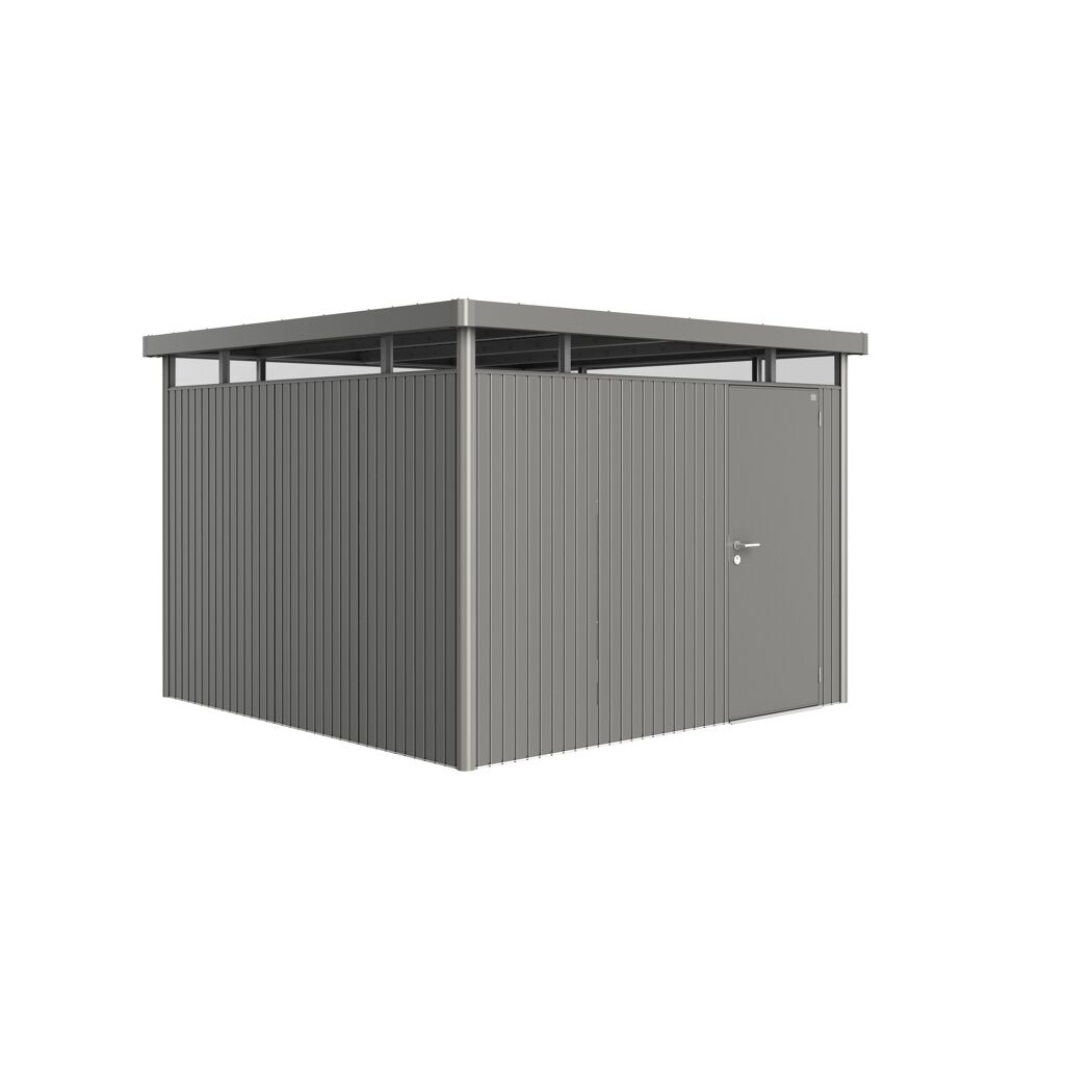Graues Gerätehaus 'HighLine' quarzgrau-metallic mit Standardtür.