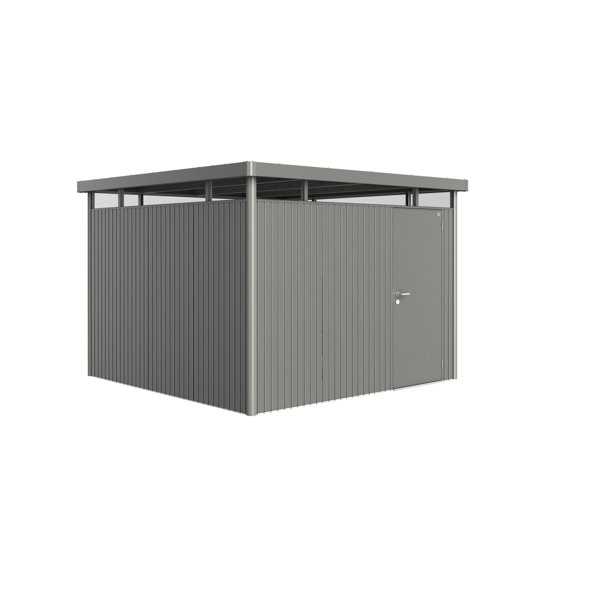 Graues Gerätehaus 'HighLine' quarzgrau-metallic mit Standardtür.
