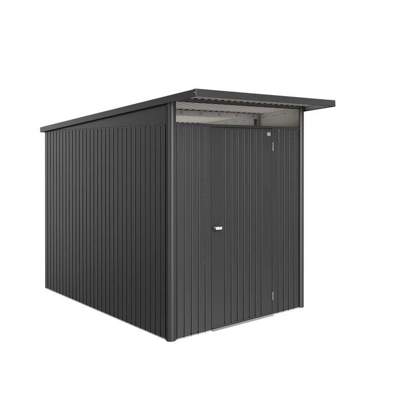 Dunkelgraues Gerätehaus aus Metall mit Flachdach