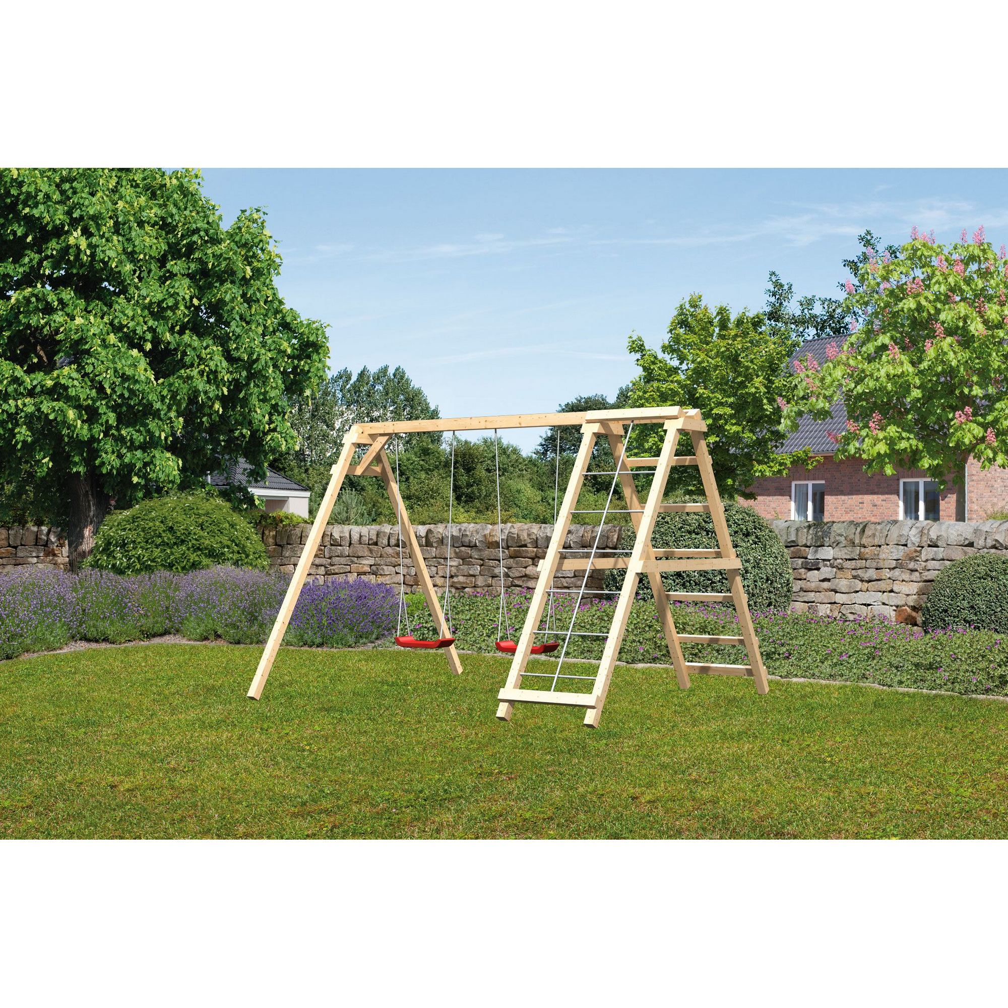 Doppelschaukel 'Felix' mit Klettergerüst natur 308 × 264 cm
