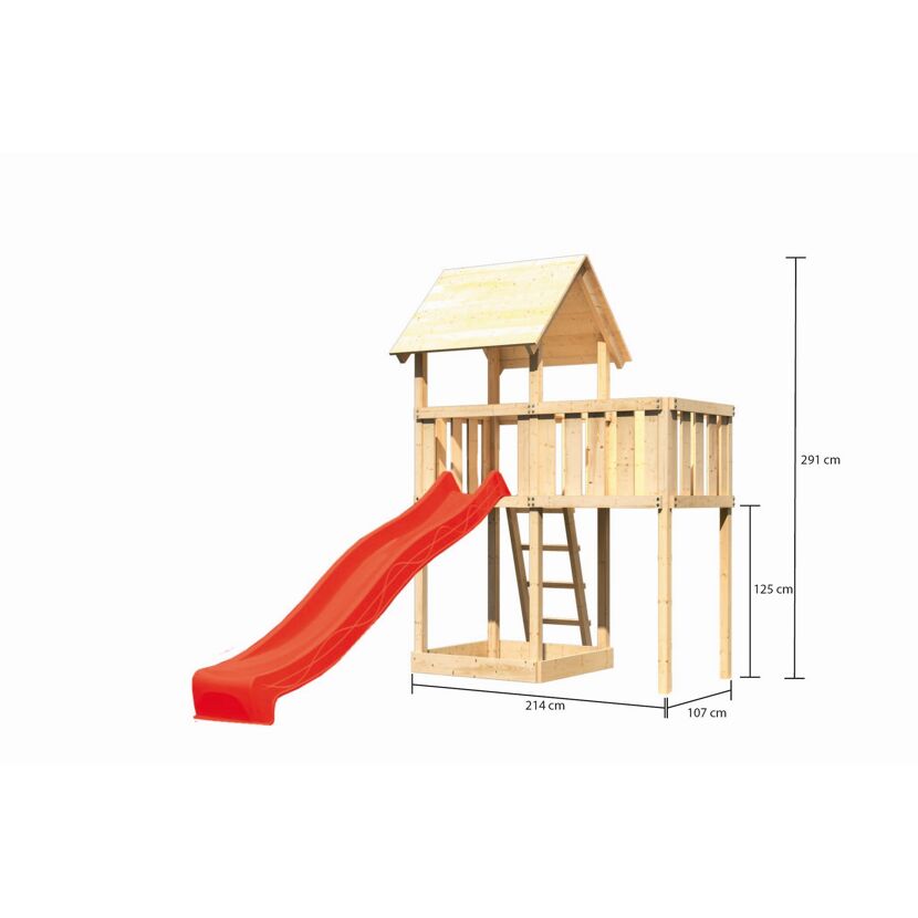 Spielturm 'Lotti' naturbelassen mit Rutsche rot und Anbauplattform 107 x 291 x 107 cm