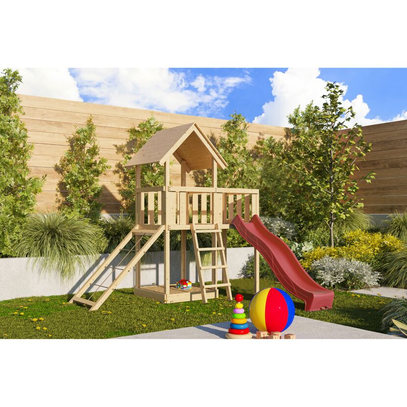 Spielturm 'Lotti' naturbelassen mit Rutsche rot und Anbauplattform 107 x 291 x 107 cm