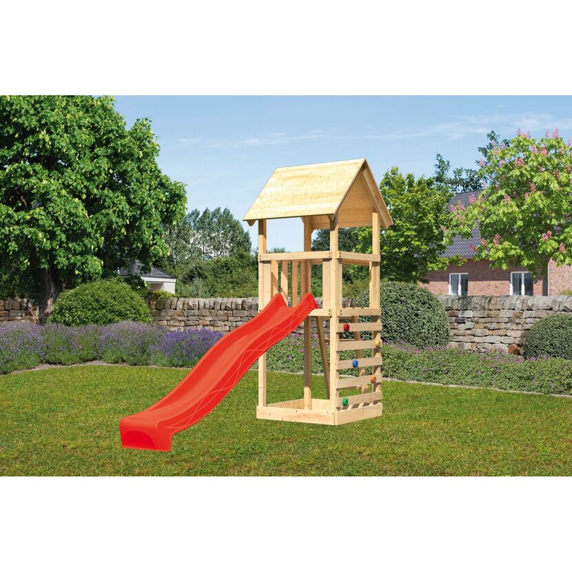 Kinderspielturm 'Lotti' mit Rutsche und Kletterwand natur/rot 107 x 107 cm