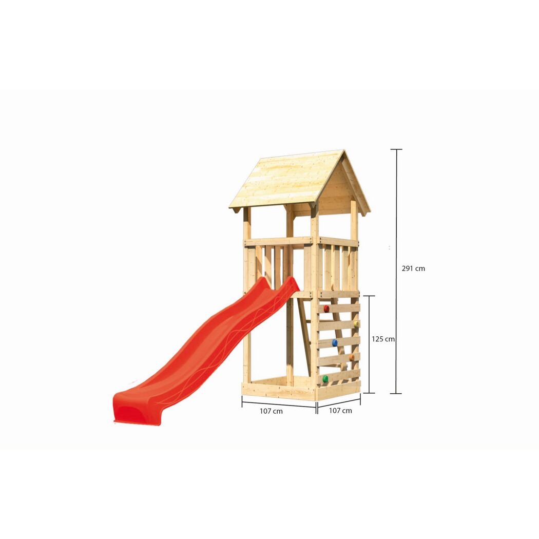 Kinderspielturm 'Lotti' mit Rutsche und Kletterwand natur/rot 107 x 107 cm