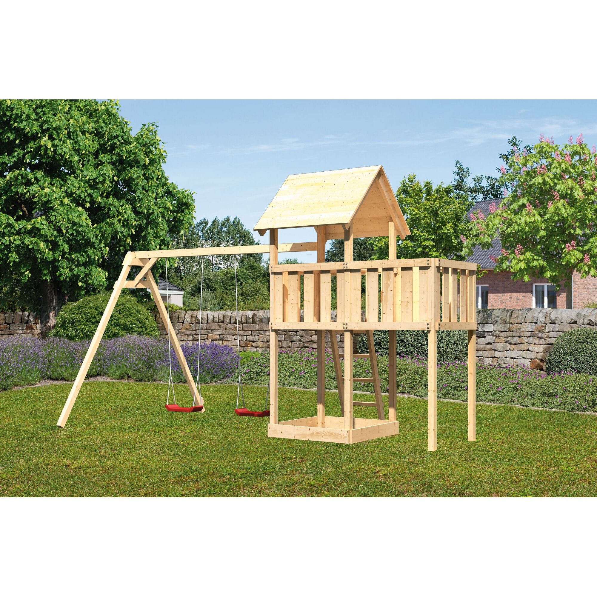 Hölzerner Spielturm mit zwei Schaukeln