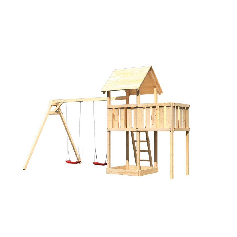 Hölzerner Spielturm mit zwei Schaukeln