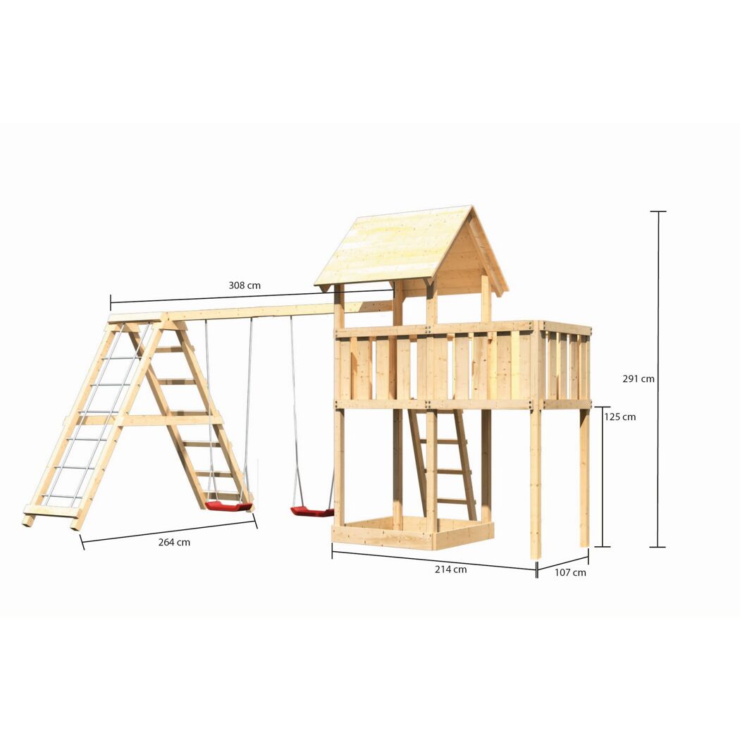 Hölzerner Spielturm mit Schaukel und Leiter