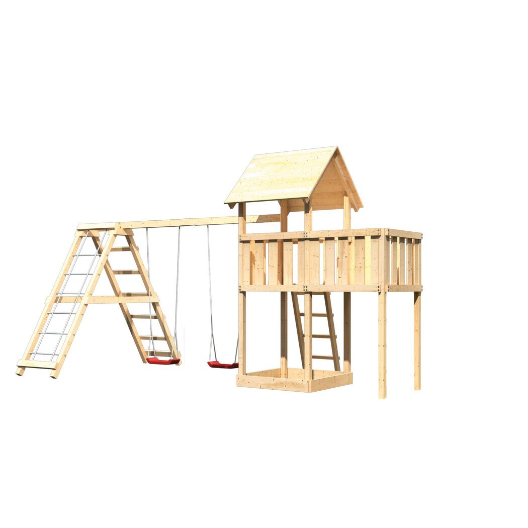 Hölzerner Spielturm mit Schaukel und Leiter