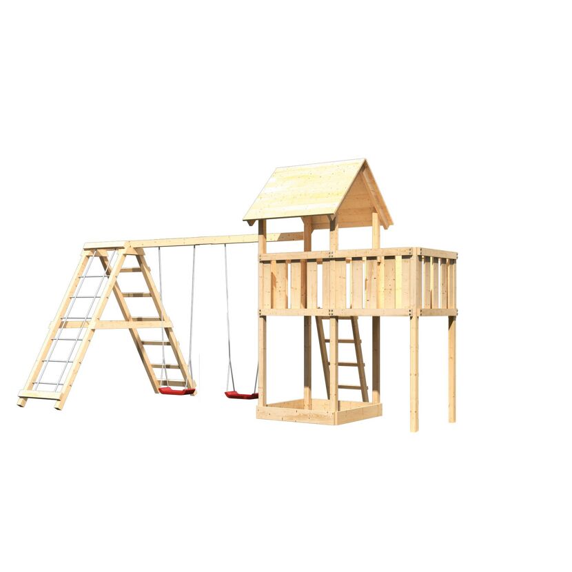 Hölzerner Spielturm mit Schaukel und Leiter