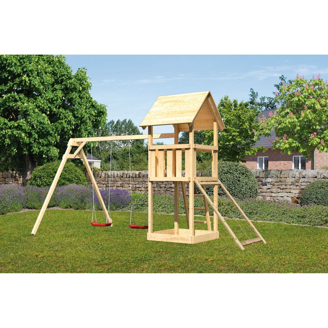 Kinderspielturm 'Lotti' mit Doppelschaukel und Netzrampe natur 107 x 107 cm