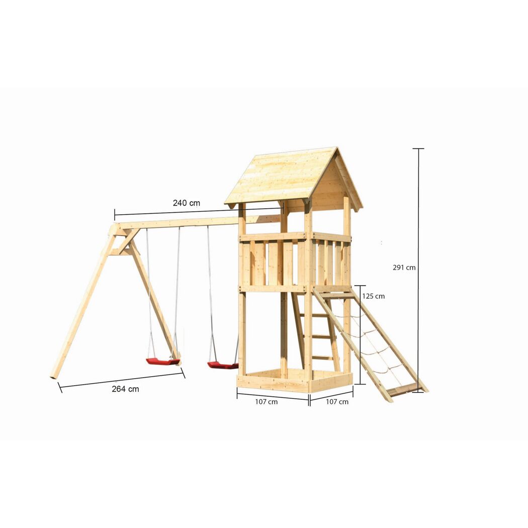 Kinderspielturm 'Lotti' mit Doppelschaukel und Netzrampe natur 107 x 107 cm